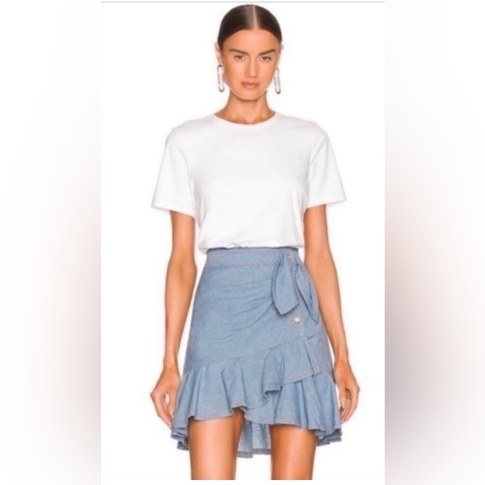 Veronica Beard White Tee with Light Blue Wrap Skirt